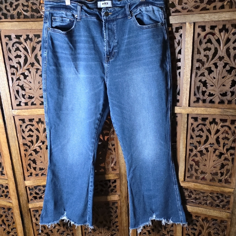 Mica Blue Flare Jeans with Distressed Hem Size 14